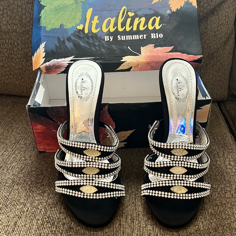 Black / Silver / Gold slide on sandals.